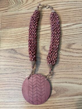 Handmade natural all wooden bead and pendent necklace with wire @ jute clasp.